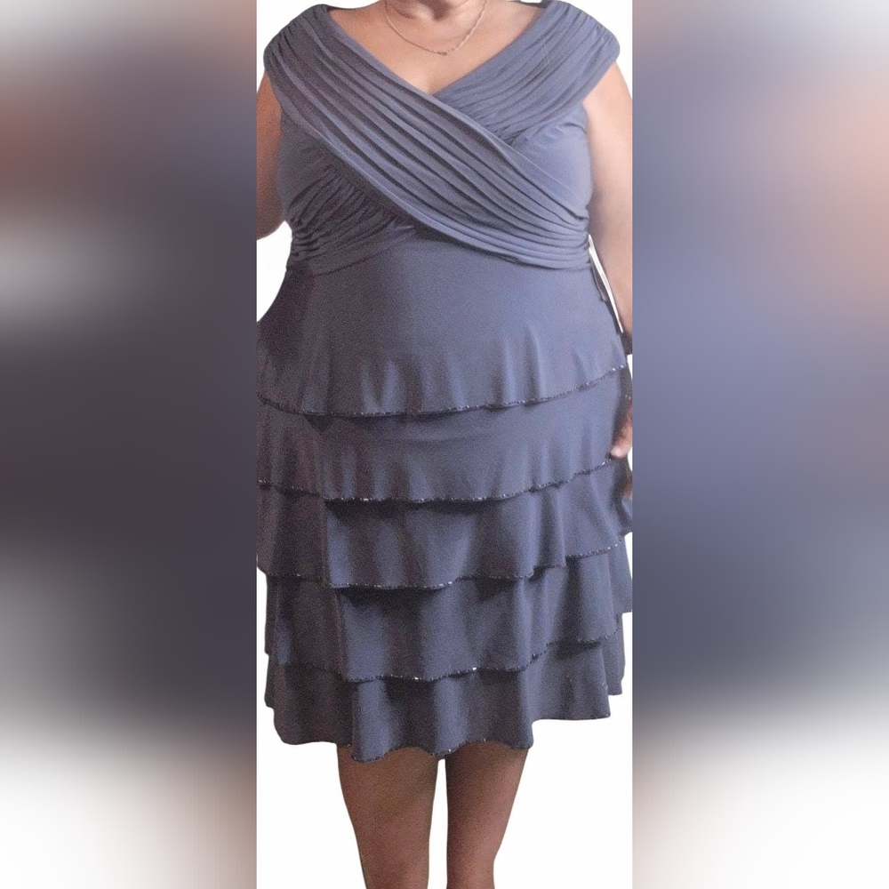 Patra Women's Charming Steel Gray Plus Size Layered  Ruffle Dress. (Size 20)